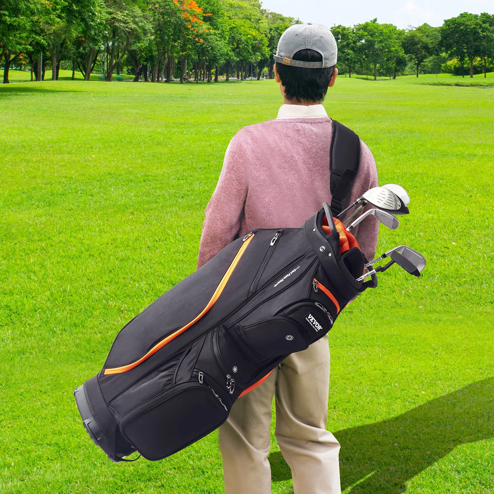 VEVOR Golf Cart Bag with 14 Way Organizer Divider Top, 36 13 Pockets Premium Cart Bag, Durable Golf Bags with Handles & Dust Cover & Detachable Straps for Men & Women, Black & Orange - Image 7