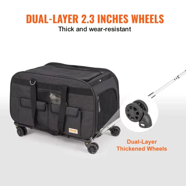 VEVOR Cat Carrier with Wheels, Rolling Pet Carrier with Telescopic Handle and Shoulder Strap, Dog Carrier with Wheels for Pets under 35 lbs, with 1 Folding Bowl, Black - Image 2
