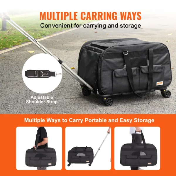VEVOR Cat Carrier with Wheels, Rolling Pet Carrier with Telescopic Handle and Shoulder Strap, Dog Carrier with Wheels for Pets under 35 lbs, with 1 Folding Bowl, Black - Image 4