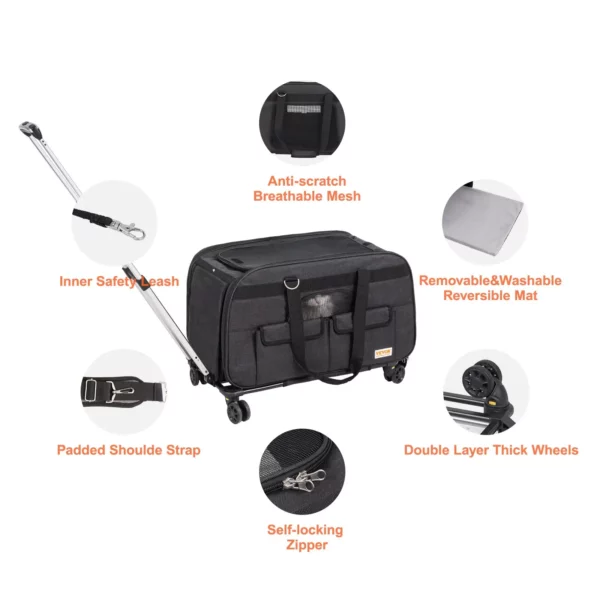 VEVOR Cat Carrier with Wheels, Rolling Pet Carrier with Telescopic Handle and Shoulder Strap, Dog Carrier with Wheels for Pets under 35 lbs, with 1 Folding Bowl, Black - Image 6