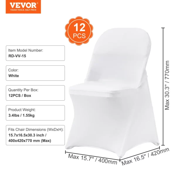 VEVOR White Stretch Spandex Chair Covers - 12 PCS, Folding Kitchen Chairs Cover, Universal Washable Slipcovers Protector, Removable Chair Seat Covers, for Wedding Party Dining Room Banquet Event - Image 16