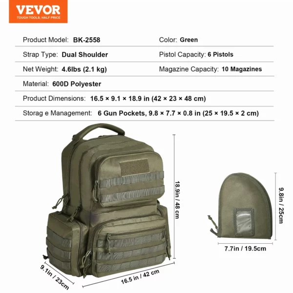 VEVOR Tactical Range Backpack for 6 Pistols Gun Backpack Green,Range Bag for Handguns Gun Case Bag with Lockable Zipper for Shooting Range Outdoor Hunting - Image 6