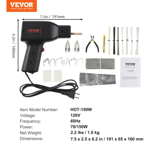 VEVOR Plastic Welding Kit, 70/150W Dual Power Hot Stapler Plastic Welding Gun, Plastic Car Bumper Repair Kit with 600PCS 6 Types Staples, 56PCS Welding Rods, Pliers for Kayak/Toys/Plastic Crack Repair - Image 6