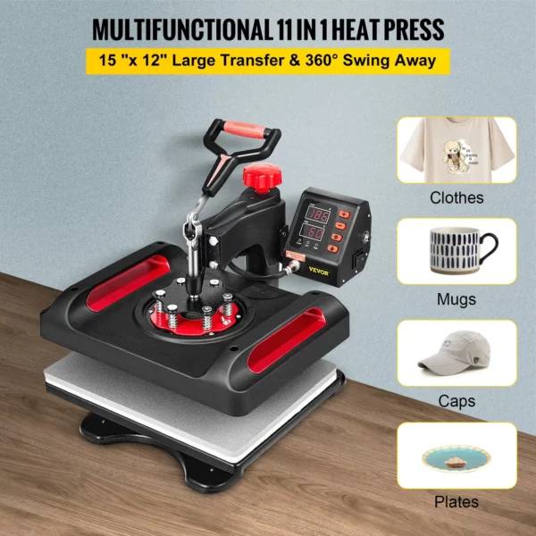 VEVOR 11 in 1 Heat Press, 12 x 15 Inch, Multifunctional Clamshell Printer, Digital Dual-Tube Heat Press Transfer Machine, Swing Away Sublimation Machine for T-Shirt Hat Cap Mug Plate Pen Shoes Black360 Swing Away Design