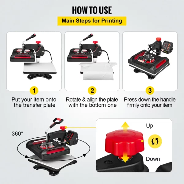 VEVOR 11 in 1 Heat Press, 12 x 15 Inch, Multifunctional Clamshell Printer, Digital Dual-Tube Heat Press Transfer Machine, Swing Away Sublimation Machine for T-Shirt Hat Cap Mug Plate Pen Shoes Black360 Swing Away Design - Image 4