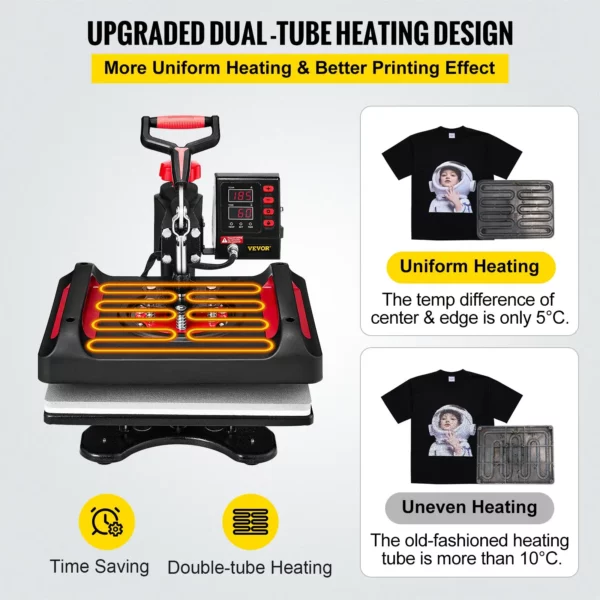 VEVOR 11 in 1 Heat Press, 12 x 15 Inch, Multifunctional Clamshell Printer, Digital Dual-Tube Heat Press Transfer Machine, Swing Away Sublimation Machine for T-Shirt Hat Cap Mug Plate Pen Shoes Black360 Swing Away Design - Image 5