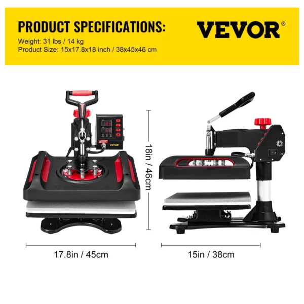 VEVOR 11 in 1 Heat Press, 12 x 15 Inch, Multifunctional Clamshell Printer, Digital Dual-Tube Heat Press Transfer Machine, Swing Away Sublimation Machine for T-Shirt Hat Cap Mug Plate Pen Shoes Black360 Swing Away Design - Image 6