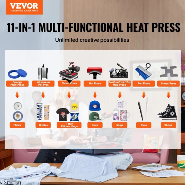 VEVOR 11 in 1 Heat Press, 12 x 15 Inch, Multifunctional Clamshell Printer, Digital Dual-Tube Heat Press Transfer Machine, Swing Away Sublimation Machine for T-Shirt Hat Cap Mug Plate Pen Shoes Black360 Swing Away Design - Image 11