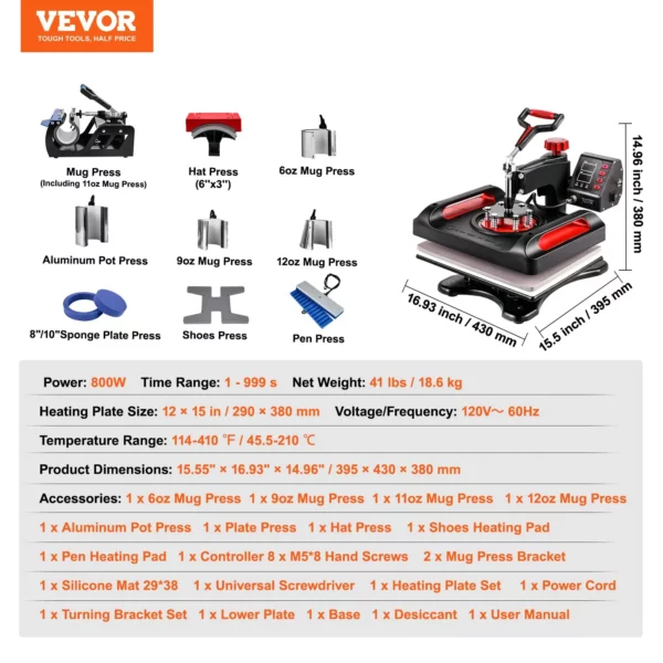 VEVOR 11 in 1 Heat Press, 12 x 15 Inch, Multifunctional Clamshell Printer, Digital Dual-Tube Heat Press Transfer Machine, Swing Away Sublimation Machine for T-Shirt Hat Cap Mug Plate Pen Shoes Black360 Swing Away Design - Image 16
