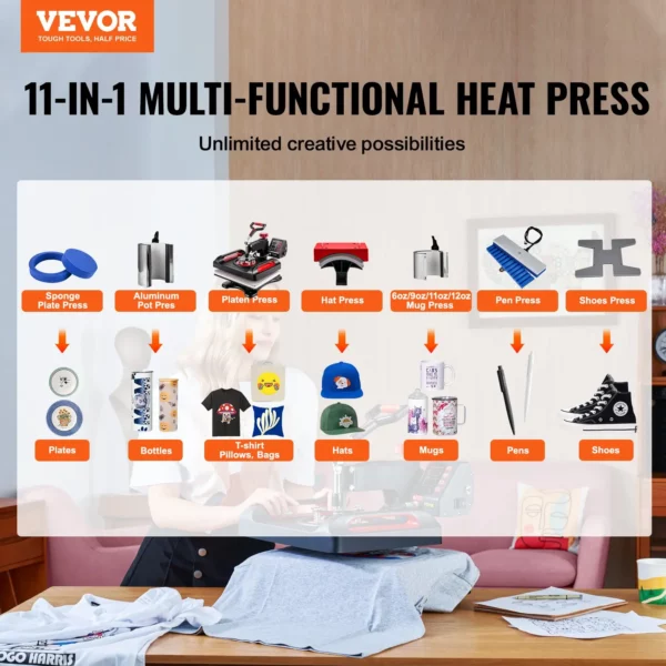 VEVOR 11 in 1 Heat Press, 12 x 15 Inch, Multifunctional Clamshell Printer, Digital Dual-Tube Heat Press Transfer Machine, Swing Away Sublimation Machine for T-Shirt Hat Cap Mug Plate Pen Shoes Black360 Swing Away Design - Image 21