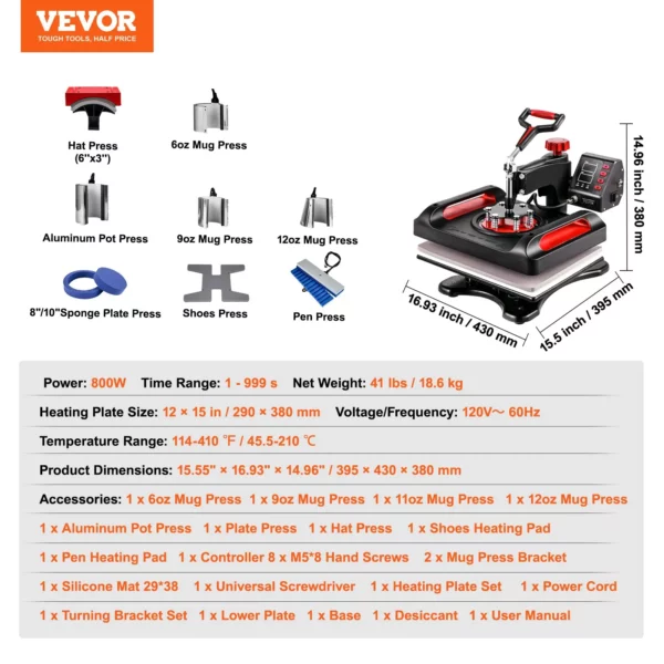 VEVOR 11 in 1 Heat Press, 12 x 15 Inch, Multifunctional Clamshell Printer, Digital Dual-Tube Heat Press Transfer Machine, Swing Away Sublimation Machine for T-Shirt Hat Cap Mug Plate Pen Shoes Black360 Swing Away Design - Image 26