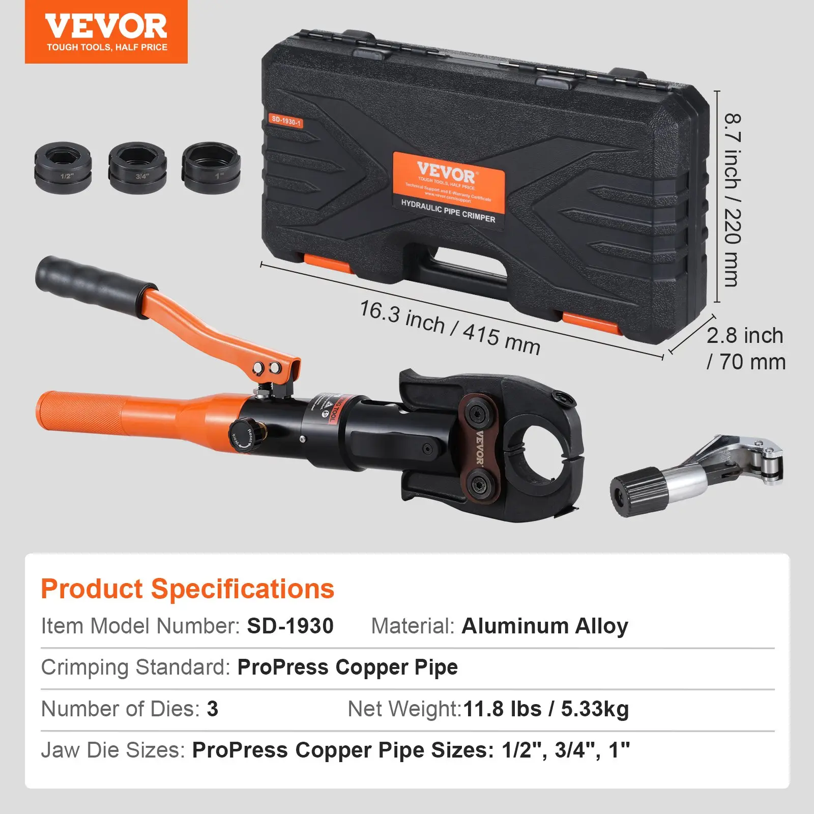 VEVOR Copper Tube Fittings Crimping Tool with 1/2" 3/4" 1" Jaws Pipe Cutter - Image 6