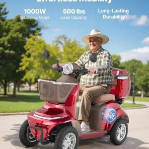 VEVOR Heavy Duty 4-Wheel Mobility Scooters for Seniors & Adults, 500lbs Capacity, 21.5 Miles 3-Speed Long Range, 1000W All Terrain Electric Recreational Scooter Wheelchair, 20 Max Climbing Capacity