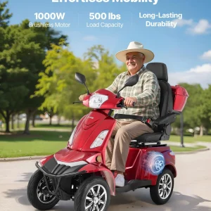 VEVOR Heavy Duty 4-Wheel Mobility Scooters for Seniors & Adults, 500lbs Capacity, 21.5 Miles 3-Speed Long Range, 1000W All Terrain Electric Recreational Scooter Wheelchair, 20 Max Climbing Capacity