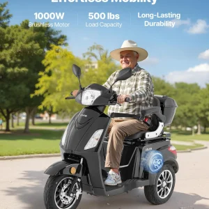 VEVOR Heavy Duty 3-Wheel Mobility Scooters for Seniors & Adults, 500lbs Capacity, 21.5 Miles 3-Speed Long Range, 1000W All Terrain Electric Recreational Scooter Wheelchair, 20 Max Climbing Capacity