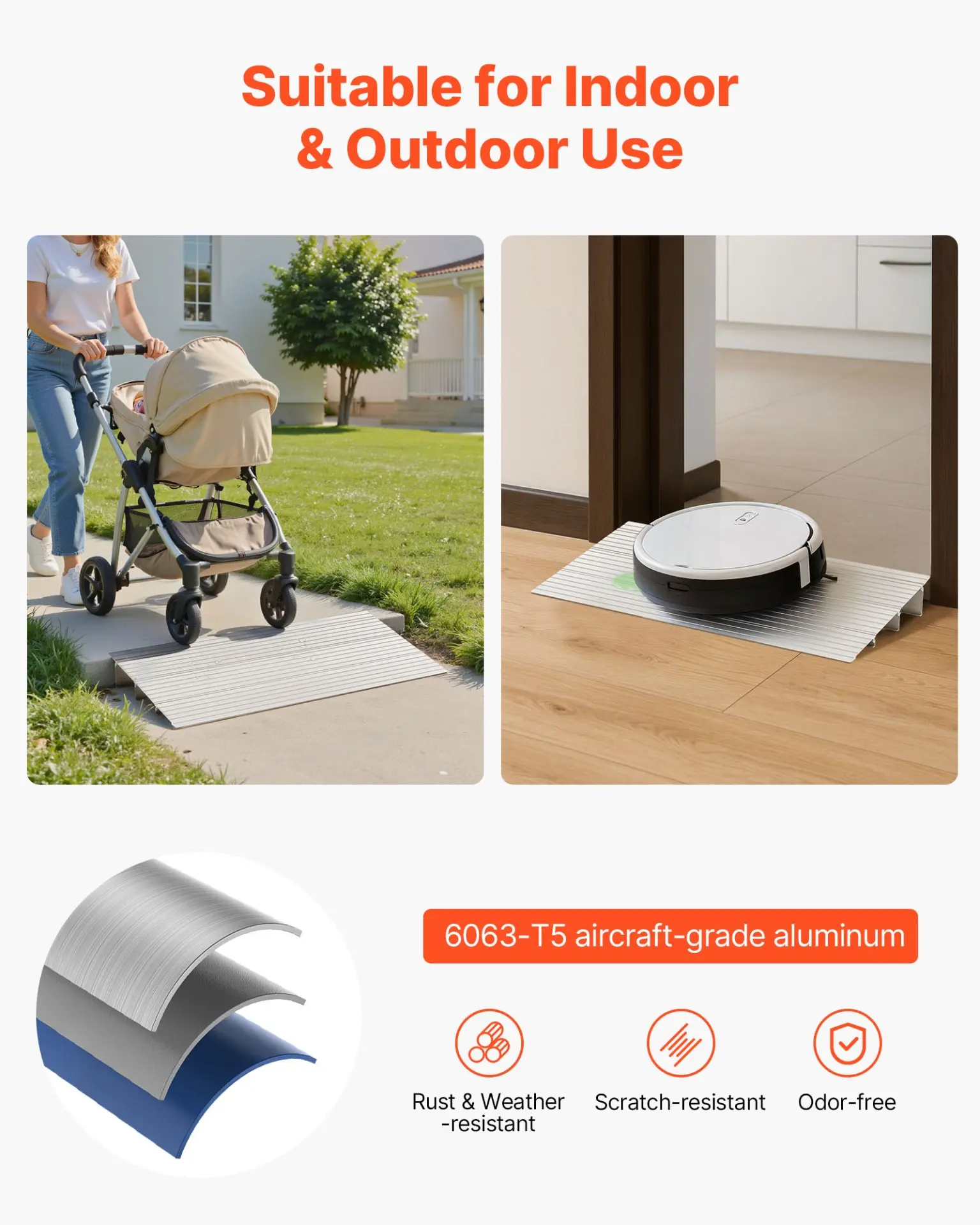 VEVOR Door Threshold Ramp, 3 inch Rise, Aluminum Alloy Threshold Ramp Rated 800 lbs Load Capacity, Handicap Ramps for Home Steps for Wheelchair, Scooters, Power Chairs, Walkers, Bicycle, Tricycle - Image 3