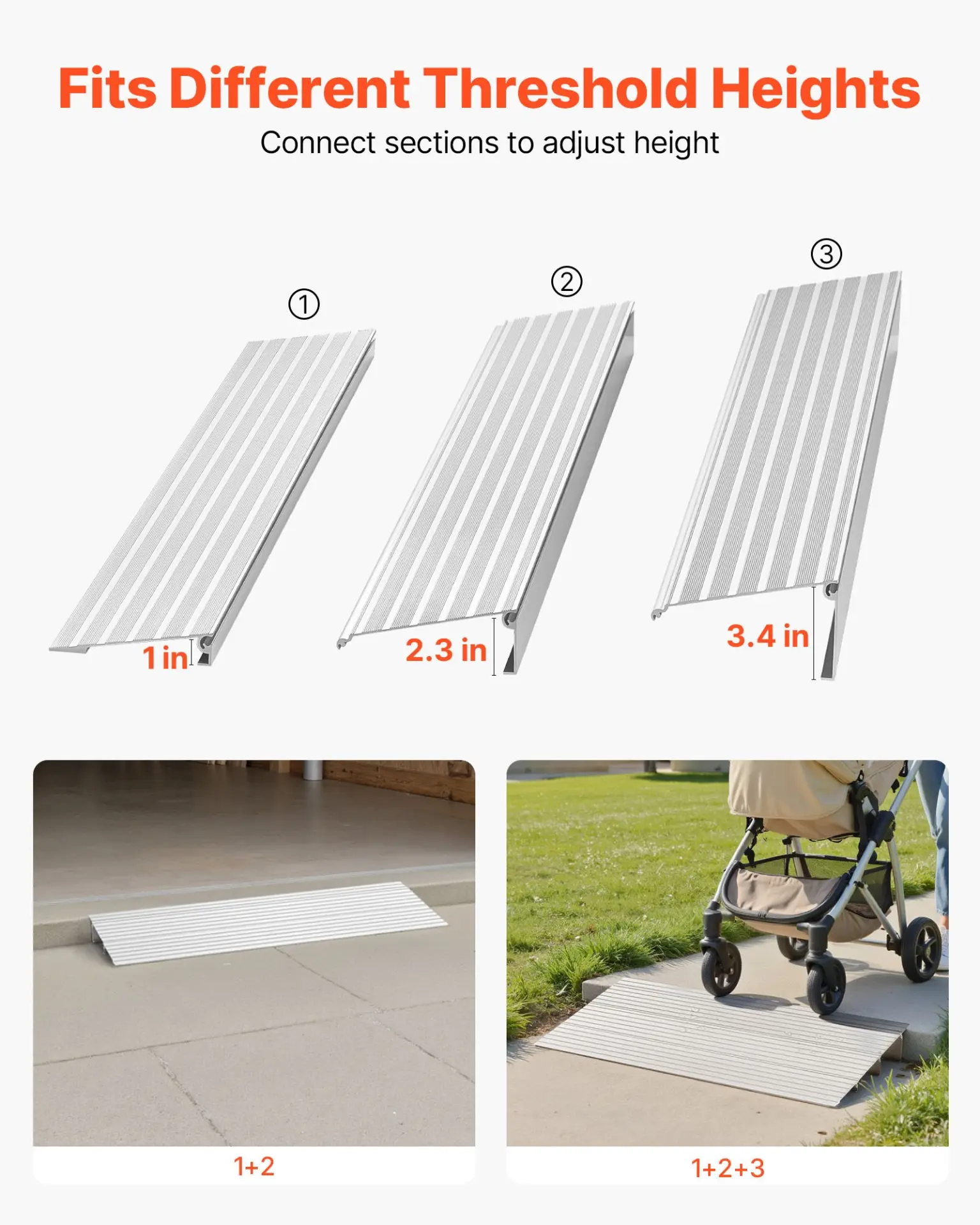 VEVOR Door Threshold Ramp, 3 inch Rise, Aluminum Alloy Threshold Ramp Rated 800 lbs Load Capacity, Handicap Ramps for Home Steps for Wheelchair, Scooters, Power Chairs, Walkers, Bicycle, Tricycle - Image 5