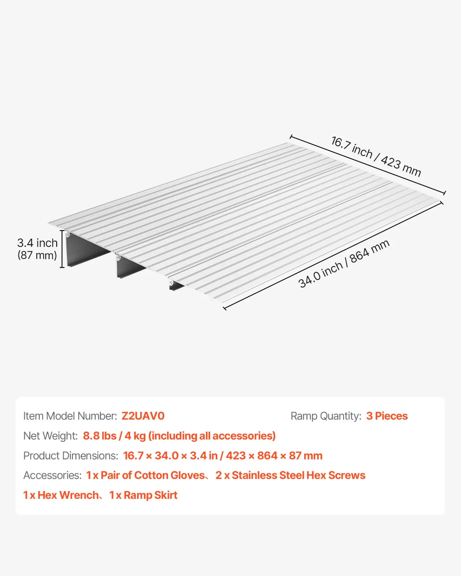 VEVOR Door Threshold Ramp, 3 inch Rise, Aluminum Alloy Threshold Ramp Rated 800 lbs Load Capacity, Handicap Ramps for Home Steps for Wheelchair, Scooters, Power Chairs, Walkers, Bicycle, Tricycle - Image 6