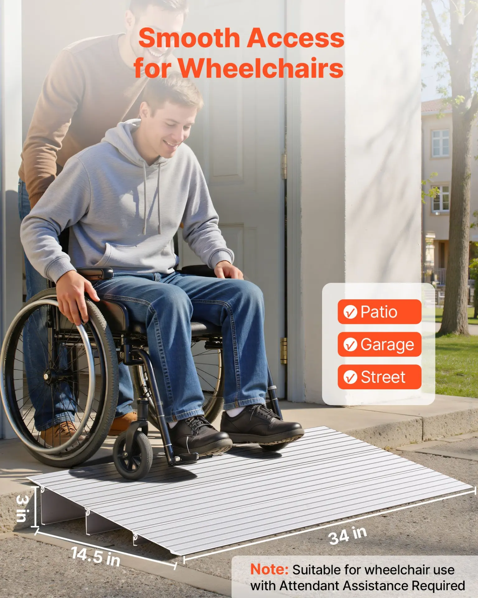 VEVOR Door Threshold Ramp, 3 inch Rise, Aluminum Alloy Threshold Ramp Rated 800 lbs Load Capacity, Handicap Ramps for Home Steps for Wheelchair, Scooters, Power Chairs, Walkers, Bicycle, Tricycle - Image 11