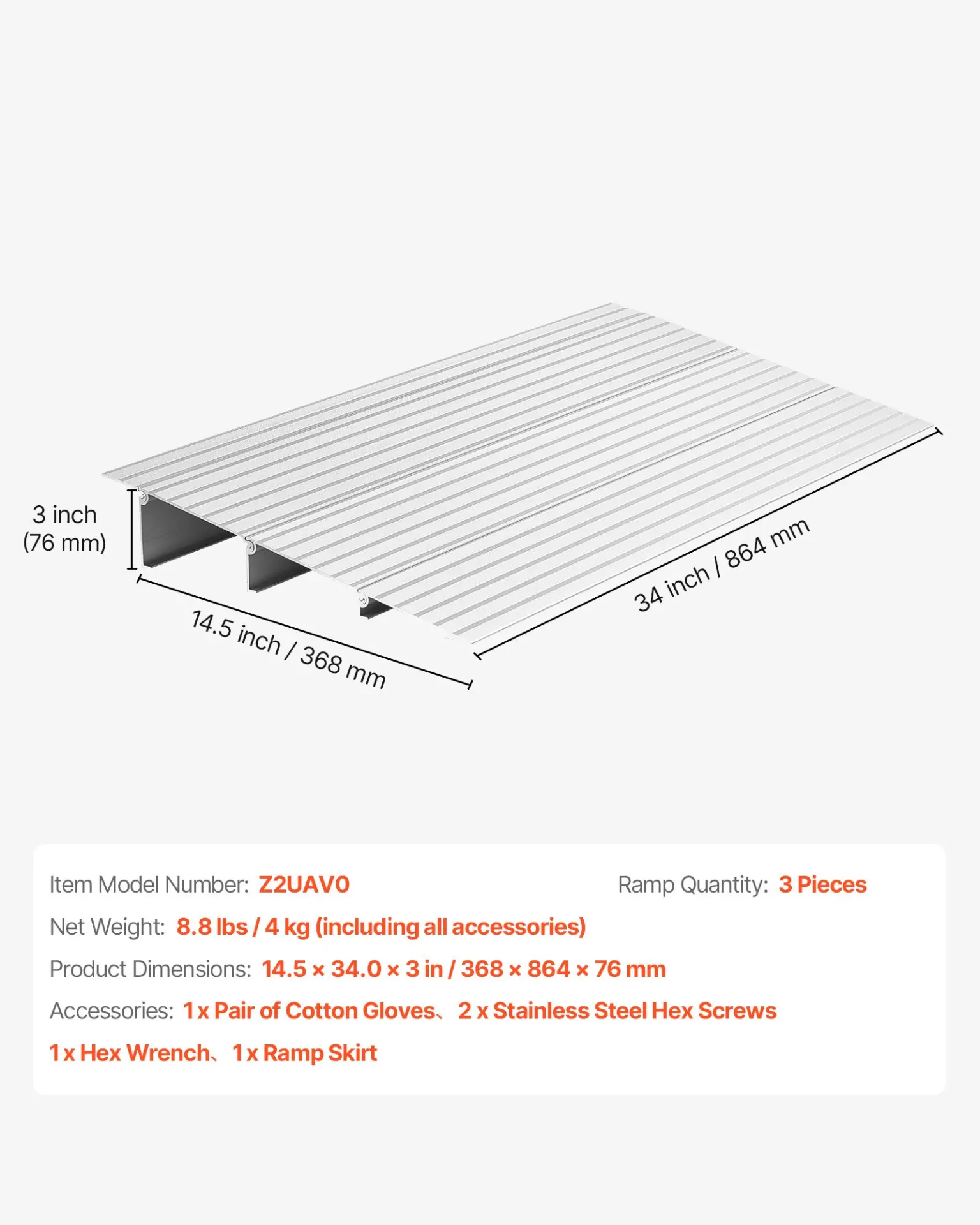 VEVOR Door Threshold Ramp, 3 inch Rise, Aluminum Alloy Threshold Ramp Rated 800 lbs Load Capacity, Handicap Ramps for Home Steps for Wheelchair, Scooters, Power Chairs, Walkers, Bicycle, Tricycle - Image 13