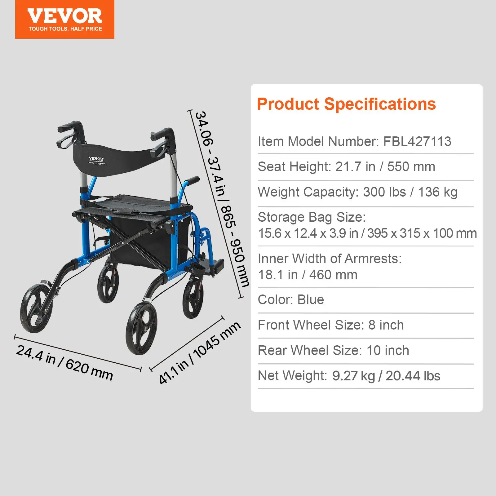 VEVOR 2 in 1 Rollator Walker & Transport Chair for Seniors, Folding Rolling Walker Wheelchair Combo & Footrests, Lightweight Aluminum Mobility Walker with Adjustable Handle, All Terrain Wheels, 300LBS - Image 11