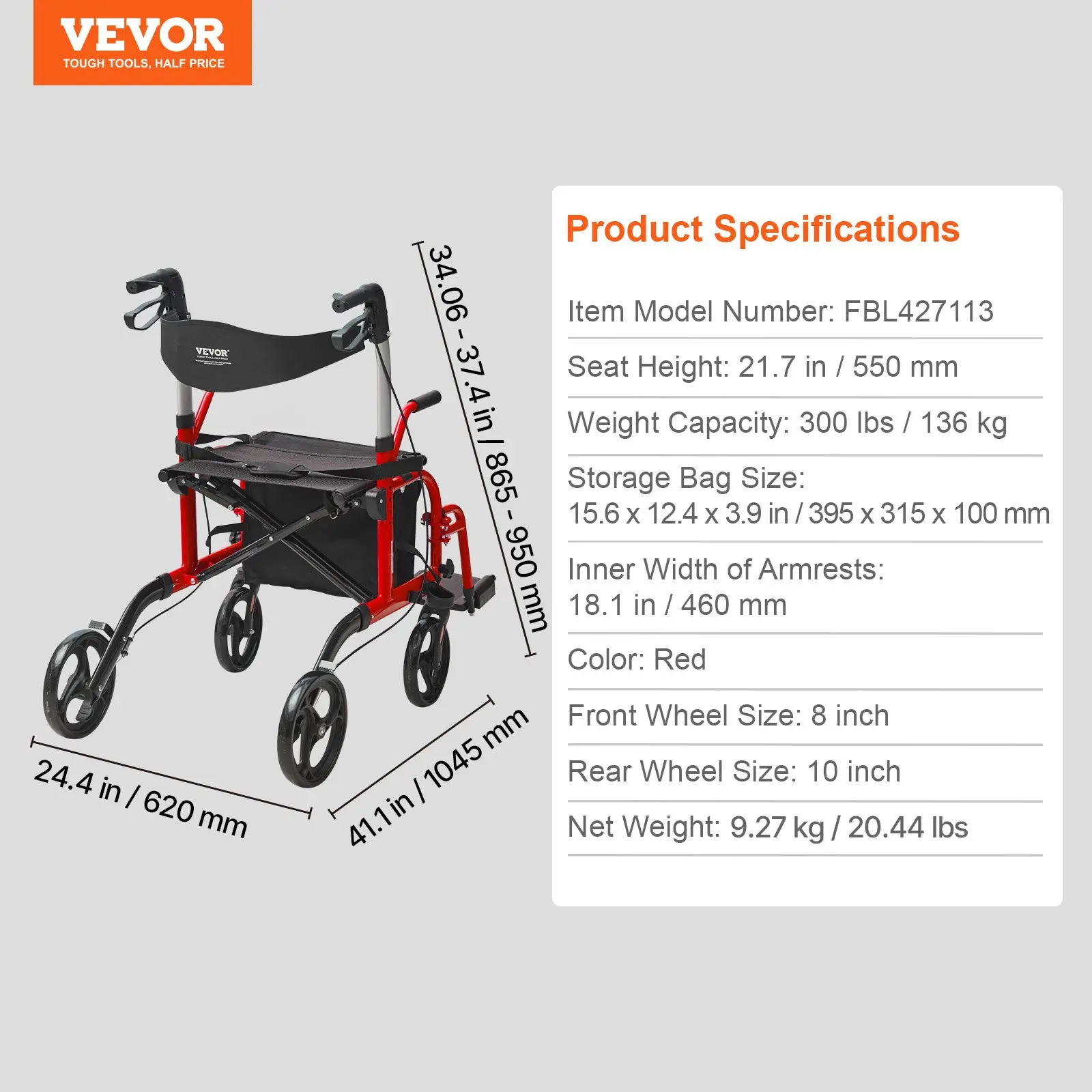 VEVOR 2 in 1 Rollator Walker & Transport Chair for Seniors, Folding Rolling Walker Wheelchair Combo & Footrests, Lightweight Aluminum Mobility Walker with Adjustable Handle, All Terrain Wheels, 300LBS - Image 11