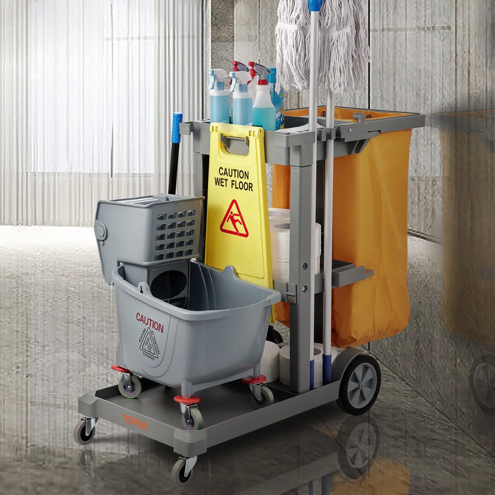 VEVOR Cleaning Cart, 3-Shelf Commercial Janitorial Cart, 200 lbs Capacity Plastic Housekeeping Cart, with 25 Gallon PVC Bag, 47" x 20" x 38.6", Yellow+Grey - Image 9