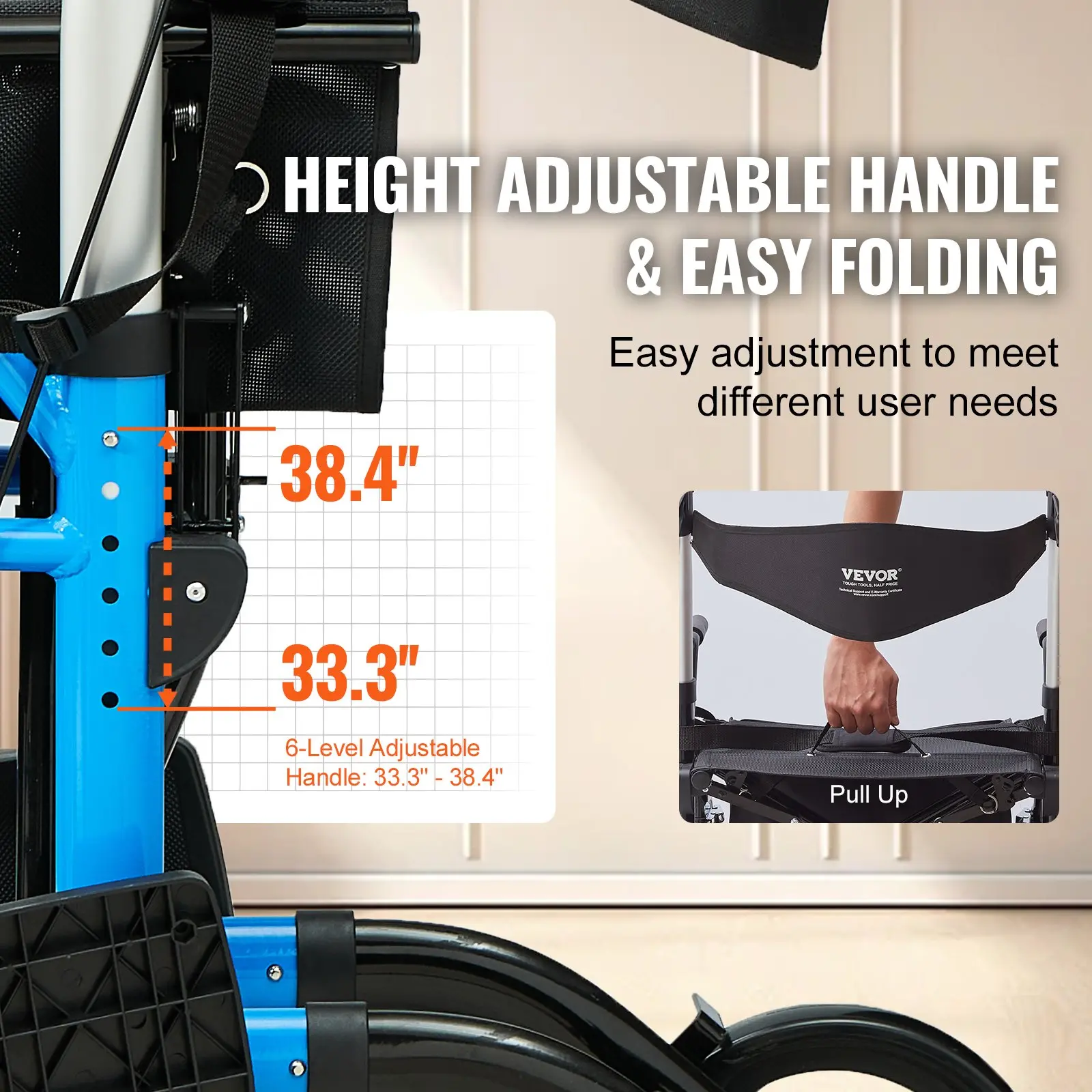 VEVOR 2 in 1 Rollator Walker & Transport Chair for Seniors, Folding Rolling Walker Wheelchair Combo & Footrests, Lightweight Aluminum Mobility Walker with Adjustable Handle, All Terrain Wheels, 300LBS - Image 3