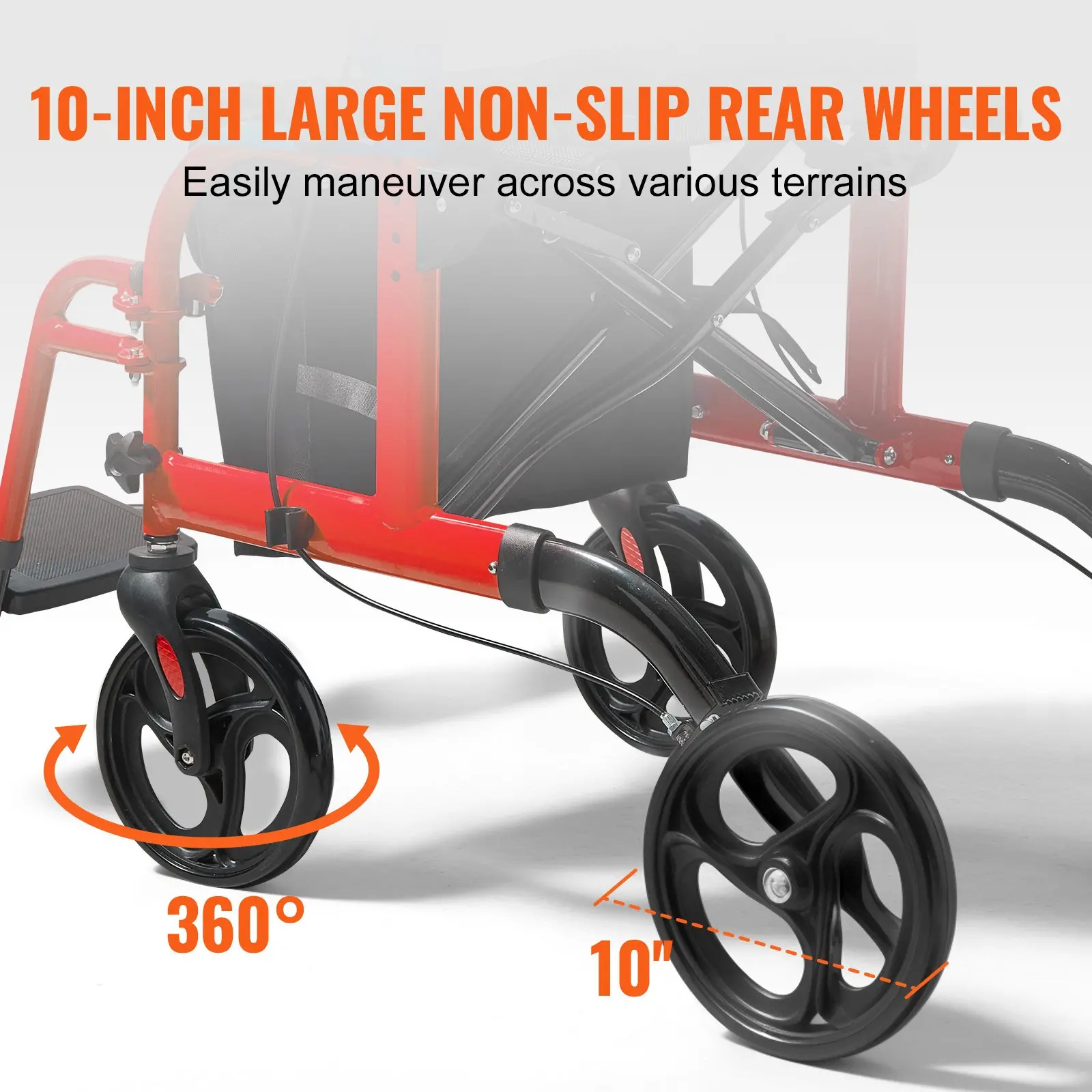 VEVOR 2 in 1 Rollator Walker & Transport Chair for Seniors, Folding Rolling Walker Wheelchair Combo & Footrests, Lightweight Aluminum Mobility Walker with Adjustable Handle, All Terrain Wheels, 300LBS - Image 4