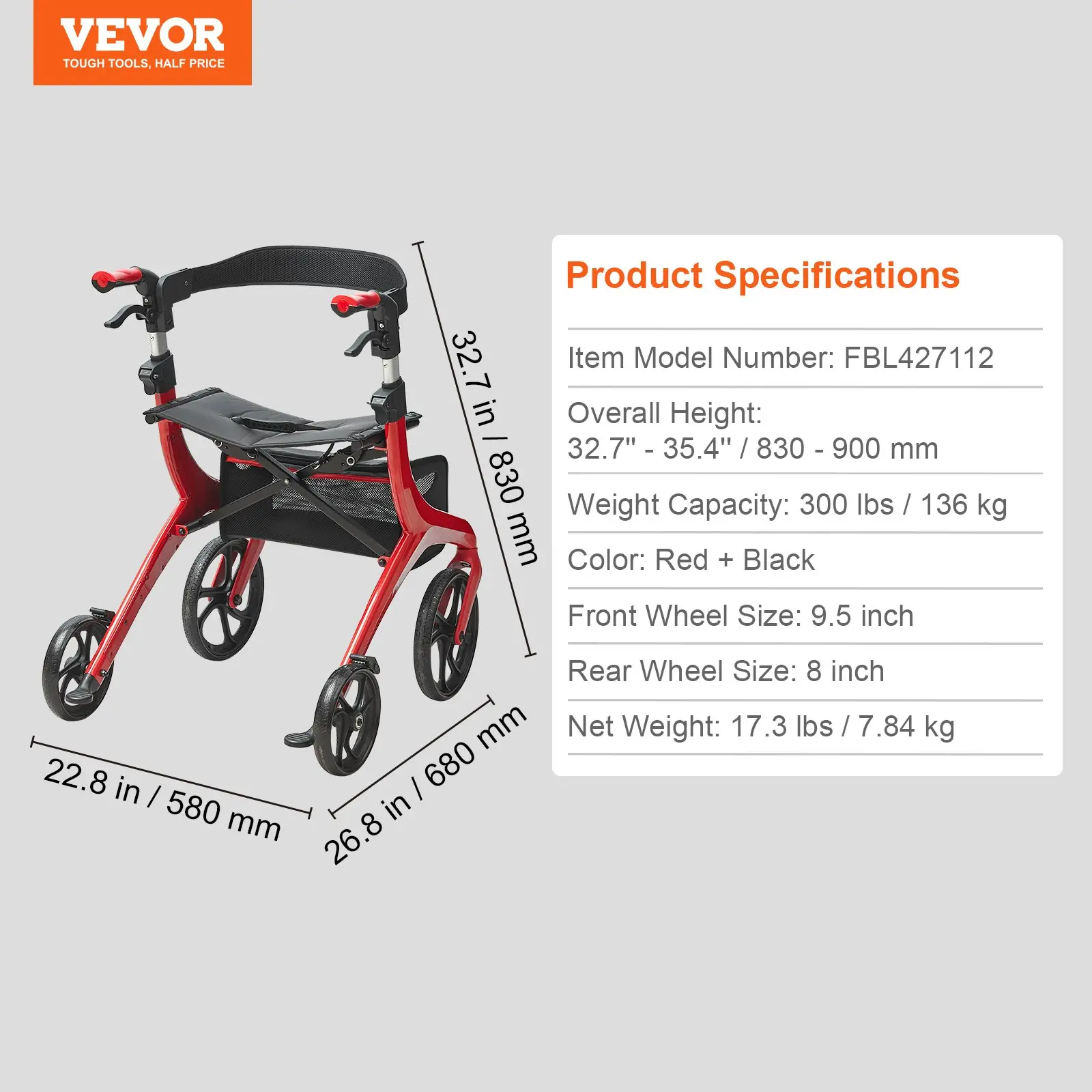 VEVOR Folding Rollator Walker for Seniors and Adults, Lightweight Aluminum Rolling Walker with Seat and Adjustable Handle, 4-Wheel Outdoor Mobility Walker with Spacious Storage Bag, 300LBS Capacity - Image 6