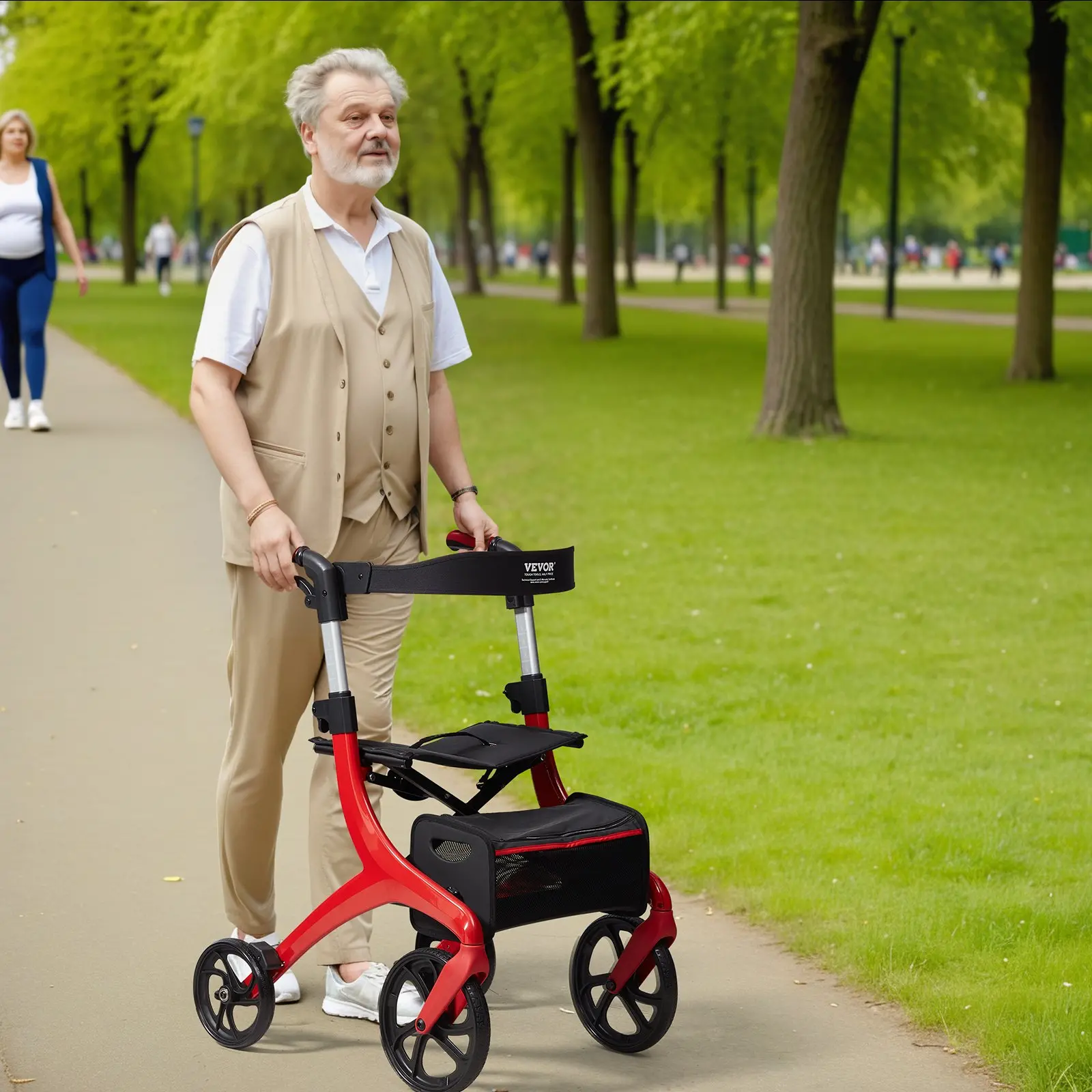 VEVOR Folding Rollator Walker for Seniors and Adults, Lightweight Aluminum Rolling Walker with Seat and Adjustable Handle, 4-Wheel Outdoor Mobility Walker with Spacious Storage Bag, 300LBS Capacity - Image 7