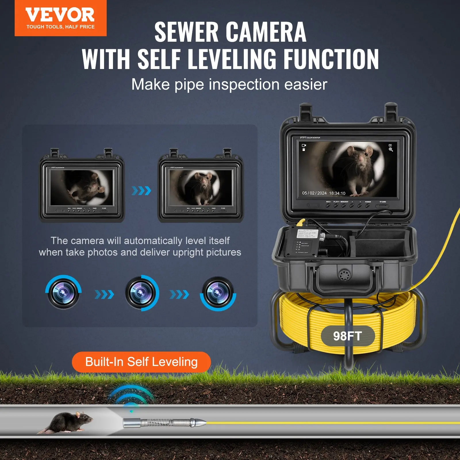 VEVOR Sewer Camera, 98 ft/30m, Self-Leveling Drain Inspection Camera with 9" 1080P HD Screen, 36X Zoom, IP68 Waterproof Plumbing Camera with Lights-12 LED, 32GB Card Snake Camera for Duct Pipe