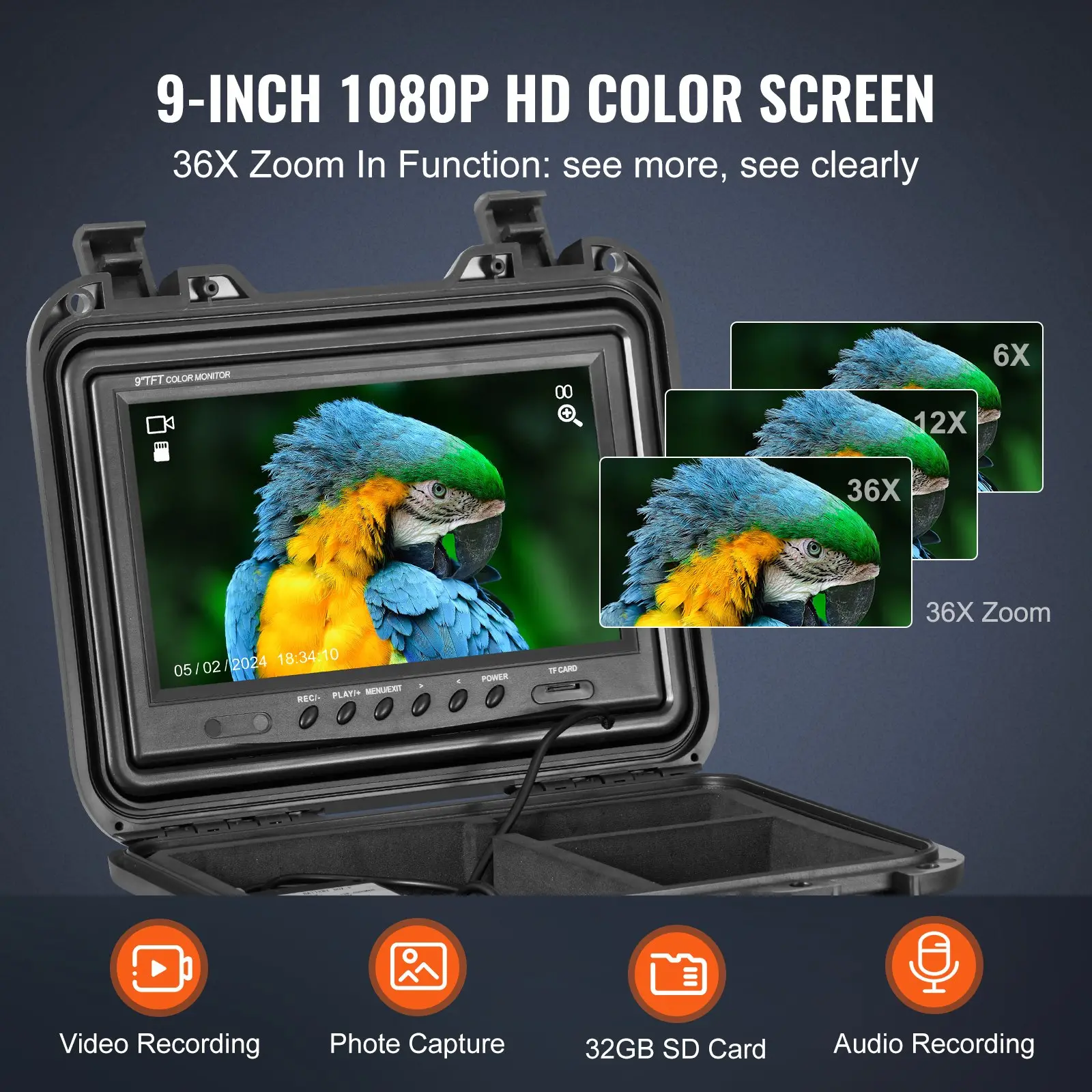 VEVOR Sewer Camera, 98 ft/30m, Self-Leveling Drain Inspection Camera with 9" 1080P HD Screen, 36X Zoom, IP68 Waterproof Plumbing Camera with Lights-12 LED, 32GB Card Snake Camera for Duct Pipe - Image 2