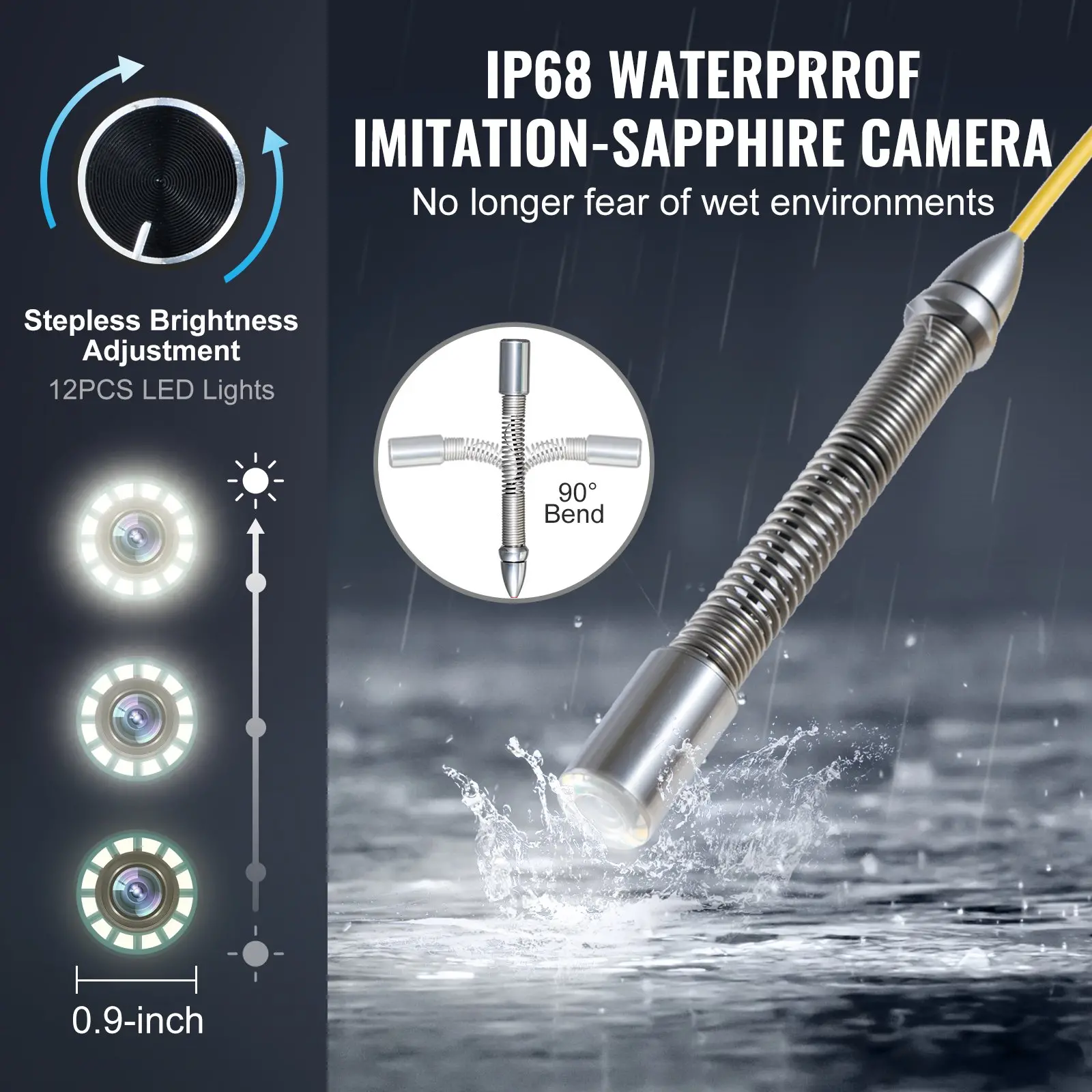 VEVOR Sewer Camera, 98 ft/30m, Self-Leveling Drain Inspection Camera with 9" 1080P HD Screen, 36X Zoom, IP68 Waterproof Plumbing Camera with Lights-12 LED, 32GB Card Snake Camera for Duct Pipe - Image 3
