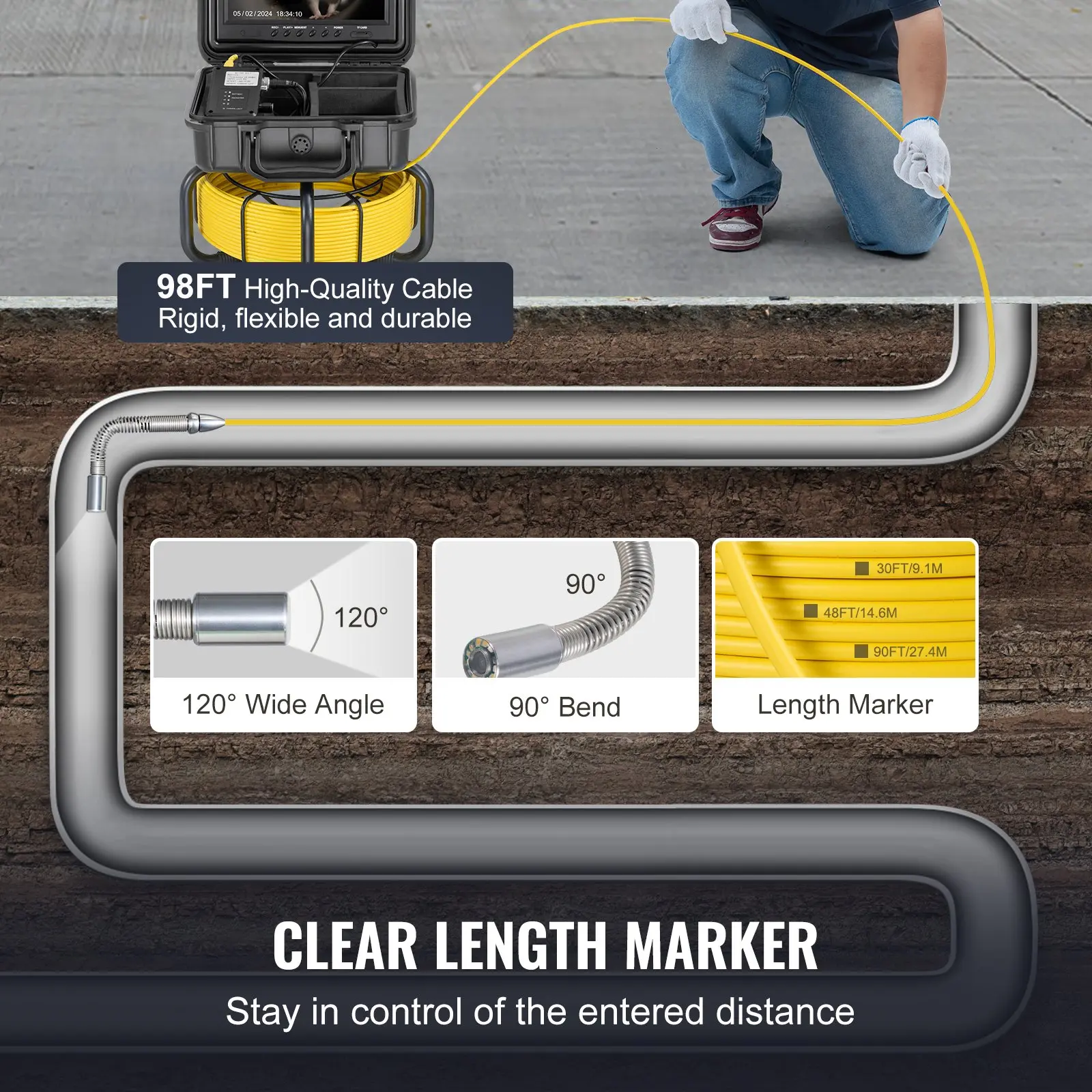 VEVOR Sewer Camera, 98 ft/30m, Self-Leveling Drain Inspection Camera with 9" 1080P HD Screen, 36X Zoom, IP68 Waterproof Plumbing Camera with Lights-12 LED, 32GB Card Snake Camera for Duct Pipe - Image 4