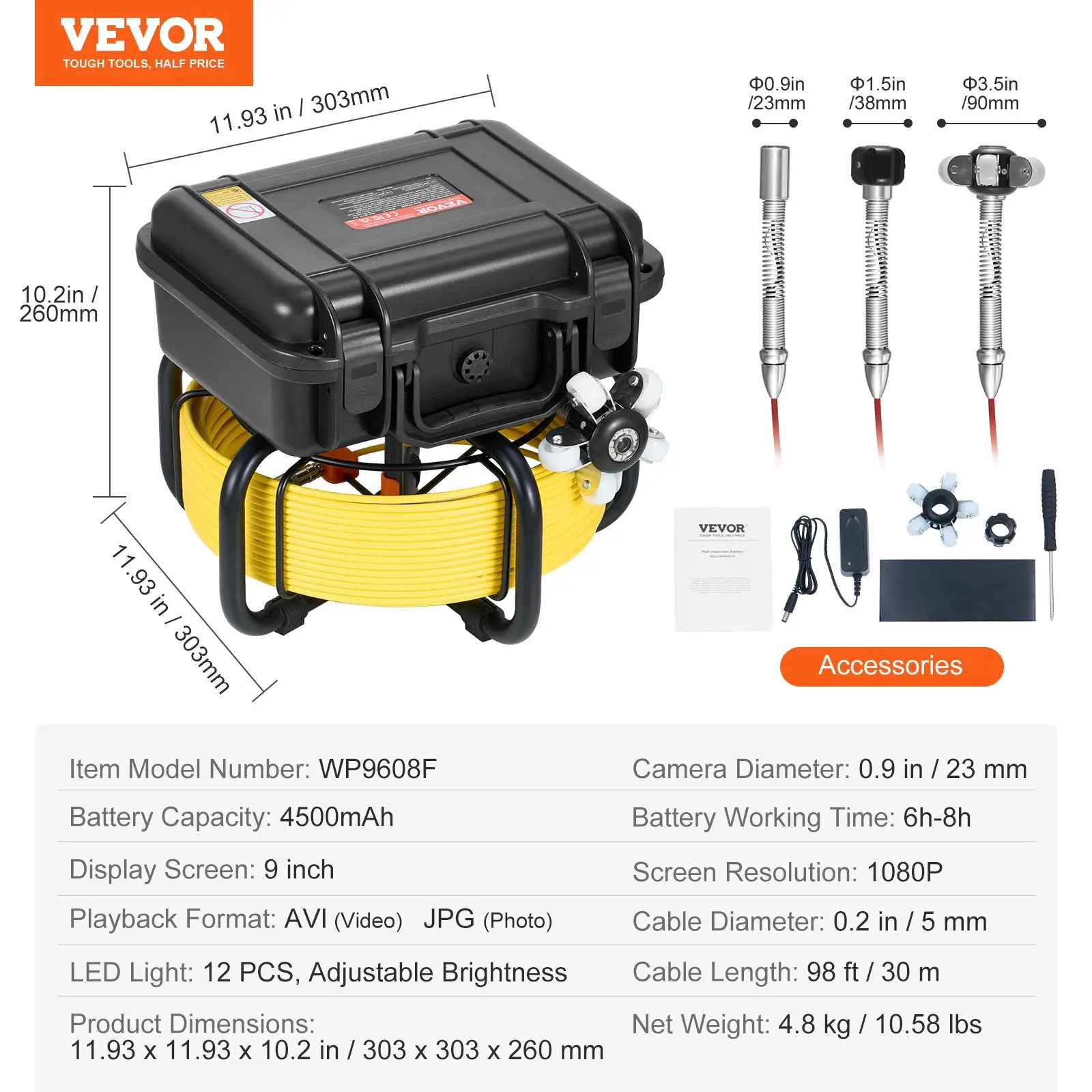 VEVOR Sewer Camera, 98 ft/30m, Self-Leveling Drain Inspection Camera with 9" 1080P HD Screen, 36X Zoom, IP68 Waterproof Plumbing Camera with Lights-12 LED, 32GB Card Snake Camera for Duct Pipe - Image 6