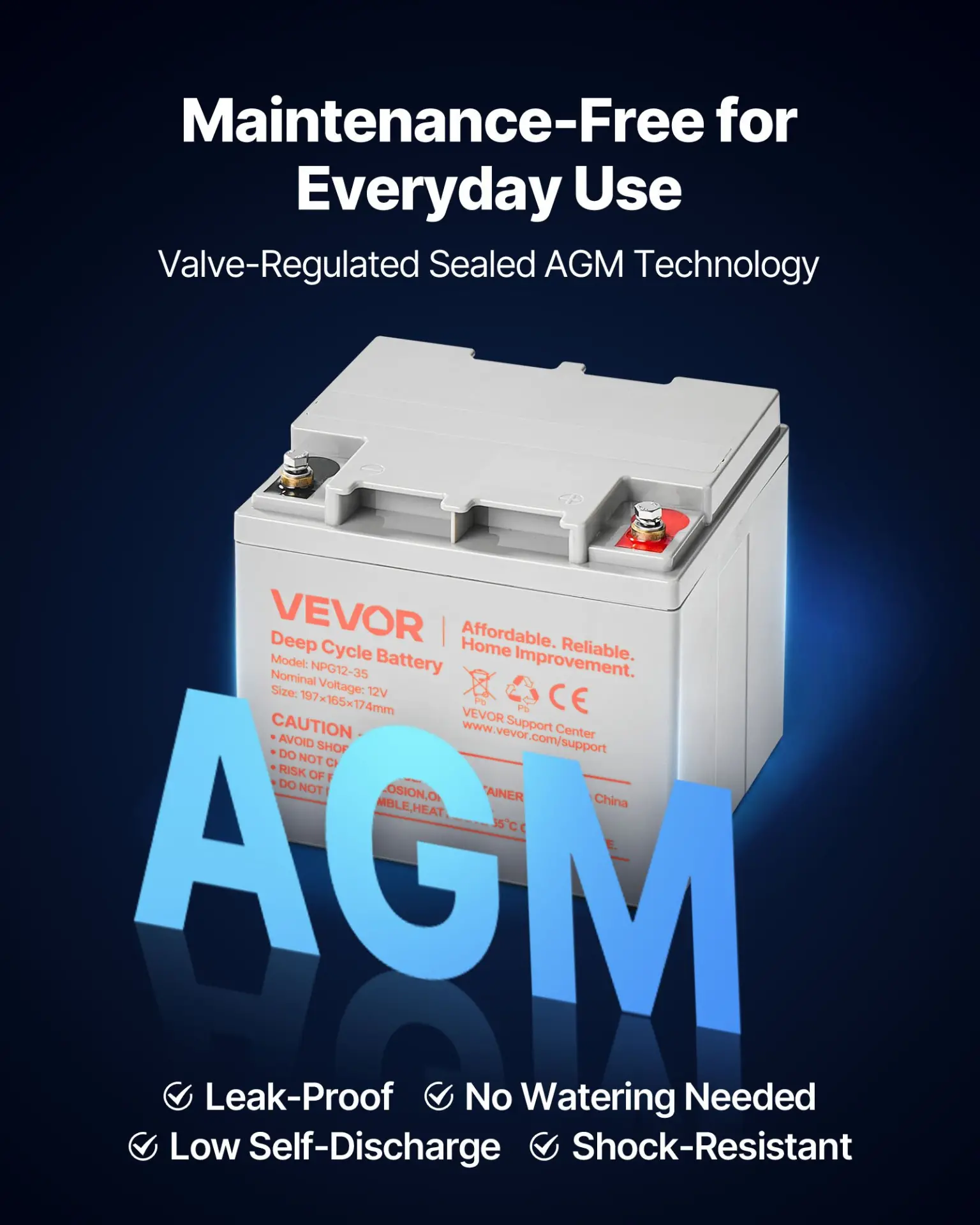 VEVOR 2 Pack 12V 35Ah Deep Cycle Battery, Sealed AGM Technology, Rechargeable Lead Acid AGM Battery, Backup Replacement for Scooters, Mobility Wheelchair, Solar System Off-Grid Home Energy Storage - Image 2
