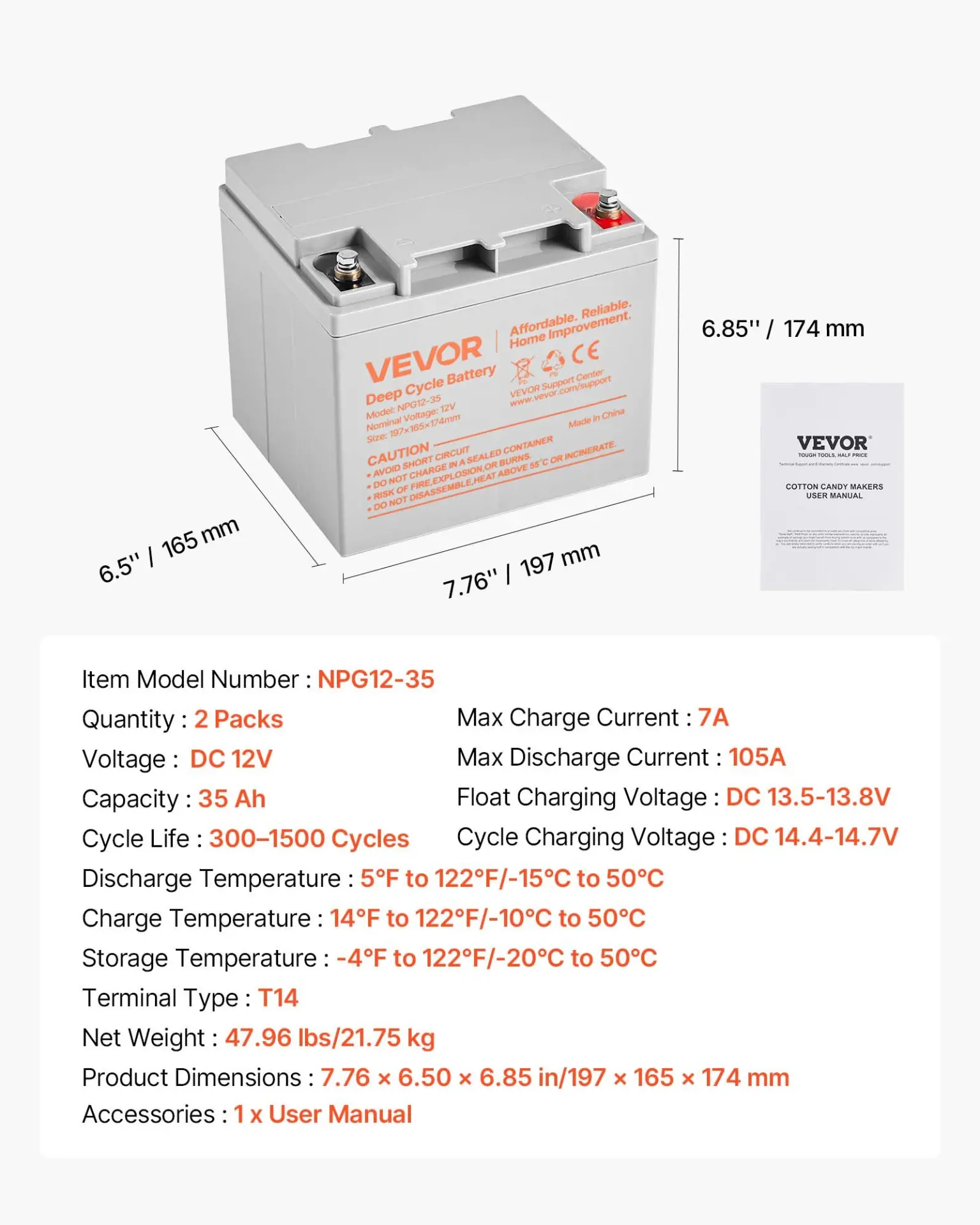 VEVOR 2 Pack 12V 35Ah Deep Cycle Battery, Sealed AGM Technology, Rechargeable Lead Acid AGM Battery, Backup Replacement for Scooters, Mobility Wheelchair, Solar System Off-Grid Home Energy Storage - Image 6